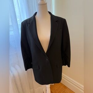 Elizabeth and James Black Blazer with Ruched Sleeves and Notched Lapels
